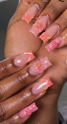 Hawaii Nail Designs Hawaiian Flowers, Nails For Thailand Trip, Beach Nail Designs Vacations, Colorful Vacation Nails, Beach Theme Nails, Spring Nails Colorful, Peach Color Nails, Beautiful Acrylic Nails, Vacay Nails