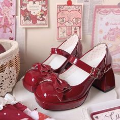 This price is for a pair of mary janes only.   	 		 			Size 			34 			35 			36 			37 			38 			39 			40 		 		 			Foot Length 			22 			22.5 			23 			23.5 			24 			24.5 			25 Red Mary Jane Heels, Mushroom Outfit, Red Mary Janes, Red Mary Jane Shoes, Korean Shoes, Jewelry Accessories Ideas, Korean Fashion Trends, Aesthetic Shoes, Red Heels