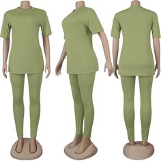 Solid Round Neck Short Sleeve Tops+jogging Pants Plus Size Set Casual Stretch Sets, Green Casual Fitted Joggers, Casual Solid Color Crew Neck Sets, Solid Color Athleisure Sets For Leisure, Casual Solid Color Leisure Sets, Casual Sets For Leisure In Solid Color, Green Cotton Solid Color Sets, Green Stretch Casual Joggers, Casual Cotton Sets Plain