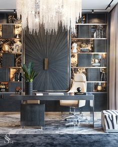 an elegant office with black and white decor