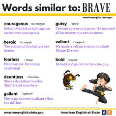 It's time for #AmericanEnglish Synonym Sunday! Check out our graphic for synonyms of the word "brave." All of these words are adjectives and similar in meaning to "brave": courageous, heroic, fearless, dauntless, gallant, gutsy, bold & valiant. Are you brave? English Synonyms, English Vinglish, Teaching Language, Esl Vocabulary, Improve English, Phrasal Verbs