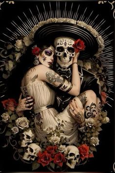 a painting of two people with skulls and roses on their face, one holding the other's head