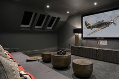 a modern home theater with an airplane on the screen