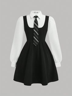 Tween Girl 2 In 1 Black Long Sleeve Collared Dress With Tie, Preppy Uniform Back To School Black Elegant  Long Sleeve Woven Fabric  A Line Non-Stretch  Tween Girls Clothing, size features are:Bust: ,Length: ,Sleeve Length: Black Dress For Teen, School Dresses Uniform, Cute Black Outfits For School, French School Uniform, Punk School Uniform, Cute Dresses For School, School Uniforms Cute, School Dress Uniform, School Outfit Uniform