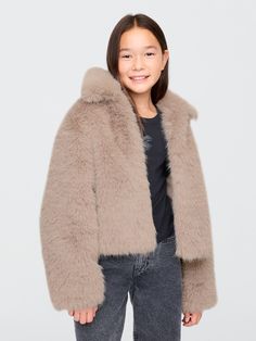 Soft faux fur cropped jacket.  Point collar.  Long sleeves.  Fit: Classic.  A straight & easy fit.  Cropped, hits above the hip. Faux Fur Cropped Jacket, Brand Collaboration, Gap Kids, Girl Coat, Cropped Jacket, Crop Jacket, Toddler Gifts, Faux Fur, Gap