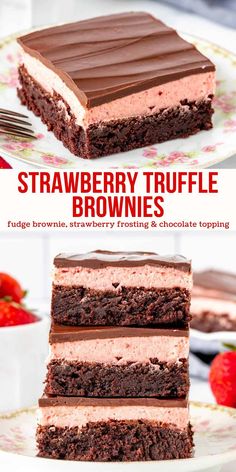 strawberry truffle brownies with chocolate frosting on top