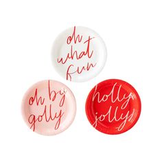 three plates that say oh what fun and holly jolly