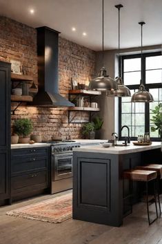 a kitchen with brick walls and wooden floors