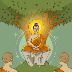 a man sitting in front of a tree with an image of buddha on it