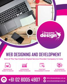 a flyer for a web design and development company with an image of a laptop on a desk