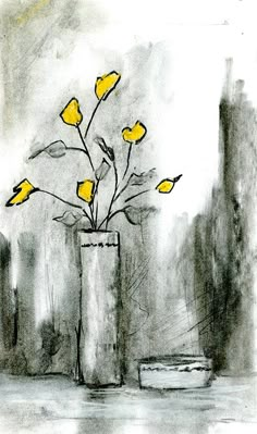 a drawing of yellow flowers in a vase