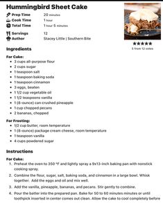 the recipe for hummingbird sheet cake is shown