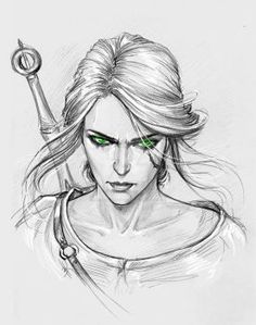 a drawing of a woman with green eyes holding a key to her head and looking at the camera