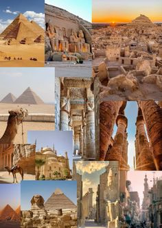 the collage shows many different images of ancient buildings and pyramids, including an egyptian temple