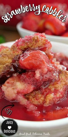 strawberry cobbler dessert is served in a white bowl