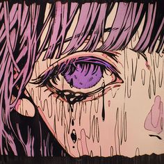 a drawing of a woman's face with tears and purple hair on the upper half of her eye