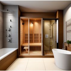 a bathroom with a bathtub, sink and shower in the corner next to a large white tub