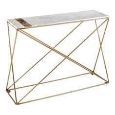 a white marble top and gold metal frame side table with magazine rack on the bottom