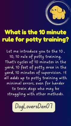 a dog with the words what is the 10 minute rules for potty training?