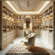 an elegant walk - in closet with lots of white furniture and gold trimmings