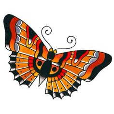 an orange and black butterfly with swirls on it's wings