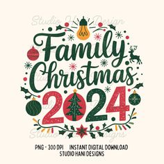 the family christmas 2020 logo is shown in red, green and white with an ornament