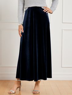 Pull on effortless style with our have-to-have maxi slip skirt. Crafted from sumptuous velvet. Elegance was never so easy. Features Maxi Hits Below Knee Hidden side zip closure Imported Fit: Misses: 37"; Petite: 34"; Plus: 37" Material: 90% Polyester, 10% Spandex Care: Machine Wash Cold; Only Non-Chlorine Bleach When Needed; Tumble Dry Low; Cool Iron On Reverse | Velvet Maxi Slip Skirt Talbots Toile Skirt, Holiday Outfits For Women, Festive Outfit Ideas, Outfit Ideas Dress, Maxi Slip Skirt, Velvet Maxi Skirt, Midi Sweater Skirt, Casual Holiday Outfits, Holiday Outfit Ideas