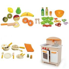 an assortment of kitchen toys and accessories on a white background