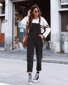 Outfit Converse, Black High Top Converse, Black Overalls, Black Converse