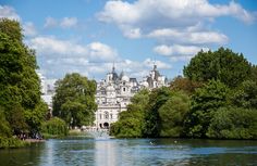 a large building sitting on top of a lush green field next to a river filled with birds