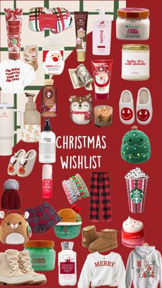 a collage of christmas wishlist items on a red background