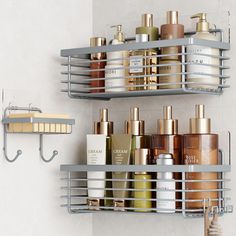 two metal shelfs holding different types of skin care products