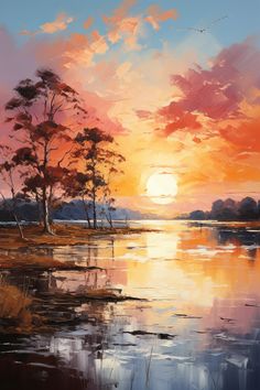 a painting of the sun setting over a body of water with trees in the foreground