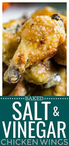 baked salt and vinegar chicken wings on a plate with text overlay that reads baked salt and vinegar chicken wings