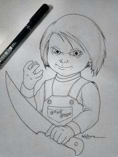 a drawing of a girl holding a knife and looking at the camera with an ink pen in her hand