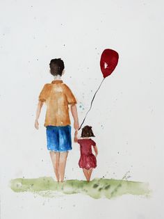 a watercolor painting of a father and daughter flying a red kite in the sky