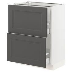 a white and gray kitchen cabinet with two doors