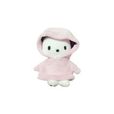 a small white stuffed animal wearing a pink hoodie and holding a black object in it's hand