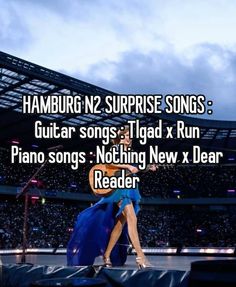 a woman in blue dress on stage with text reading hamburg n2 surprise songs guitar song