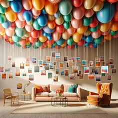 a living room filled with lots of balloons floating from the ceiling and hanging from the ceiling