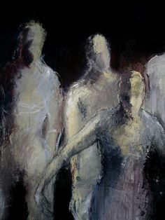 an abstract painting of three people standing next to each other in front of a black background