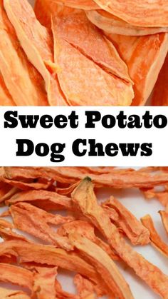 sweet potato dog chews with the words sweet potato dog chews on top and bottom