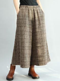 Vintage Loose Wide Leg Checkered Elastic Waist Pants COFFEE-One_size Vintage Brown Plaid Pants, Winter Typ, Cropped Wide Leg Pants, Wide Leg Linen Pants, Long Shirt Dress, Elastic Waist Pants, Pantalon Large, Plaid Skirts, Long Shirt