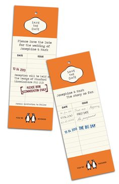 two tickets with penguins on them for save the date and an orange tag that says save the