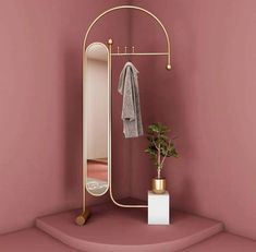 a pink room with a mirror, potted plant and towel rack