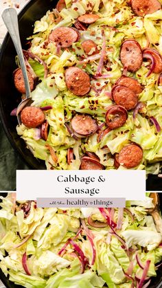 cabbage and sausage salad with red onions in a skillet