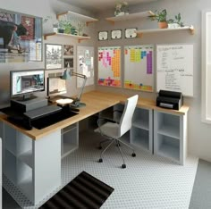 an office with desks, chairs and pictures on the wall