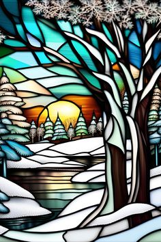 Faux stained glass image of snowy winter scenery Four Seasons Stained Glass Patterns, Stained Glass Winter Scenes, Winter Stained Glass Ideas, Winter Stained Glass Patterns, Stained Glass Landscape, Four Seasons Art, Wine Bottle Crafts Christmas, Glass Painting Patterns