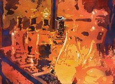 a painting of bottles and candles on a table