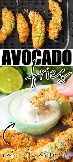 fried avocado fries are served with ranch dip and lime wedges for an easy appetizer